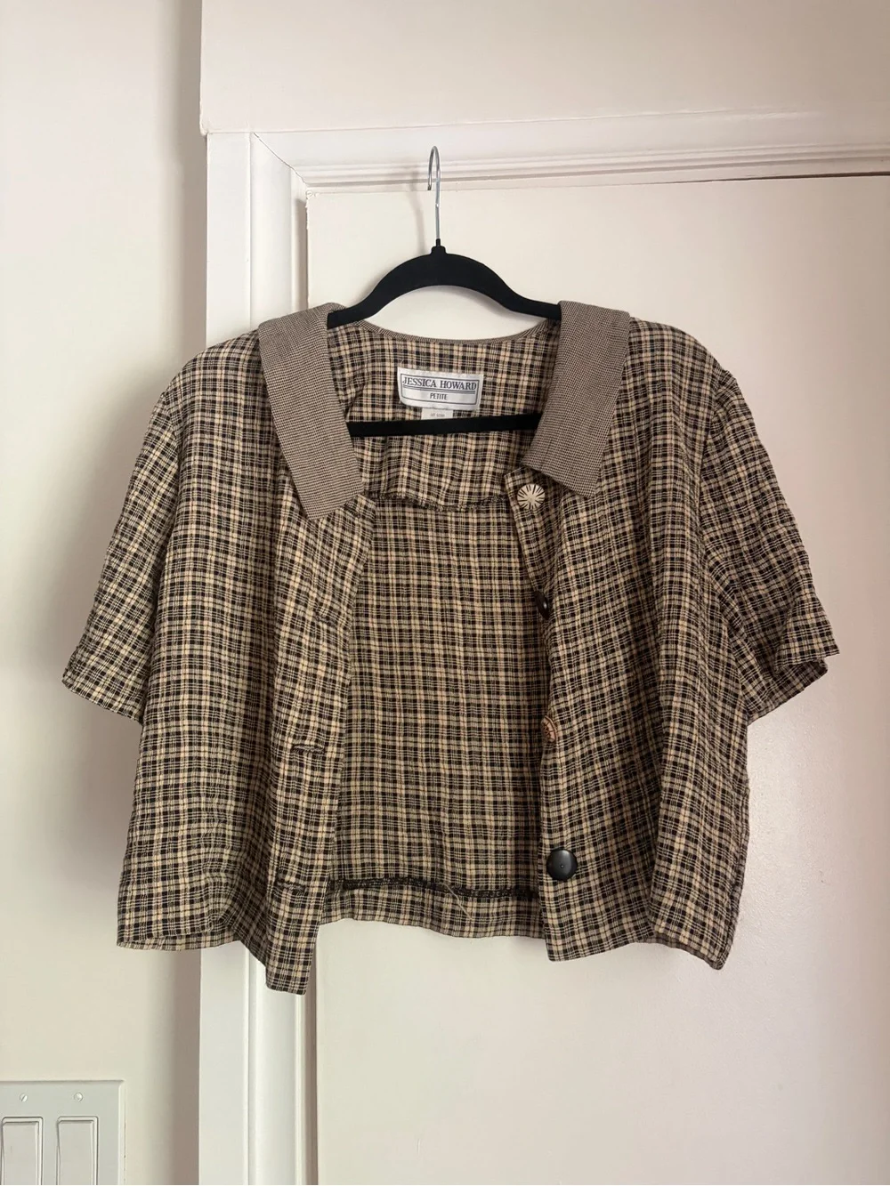 Vintage Jessica Howard Brown & Black Plaid Cropped button down top - Picture 2 of 8